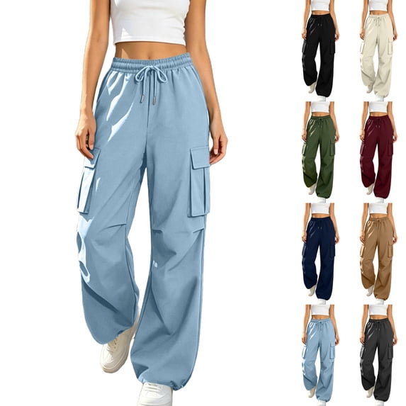 Sentuca Womens Cargo Pants Solid Color Drawstring Elastic Waist Jogger Pants with Multi-Pockets Adjustable Cinched Hem Casual Trousers Light Blue S