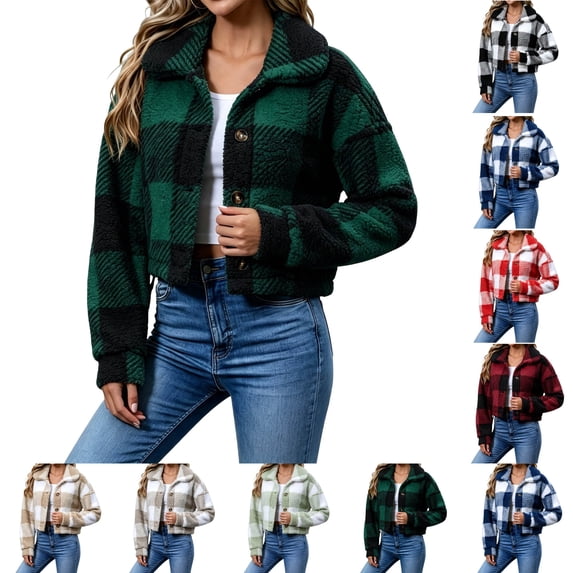 Sentuca Womens Jackets Fuzzy Plaid Short Lapel Button Up Coat Fleece Outerwear Fall Winter Cozy Warm Plush Coat Army Green XL