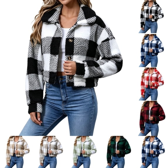 Sentuca Womens Jackets Fuzzy Plaid Short Lapel Button Up Coat Fleece Outerwear Fall Winter Cozy Warm Plush Coat Black L