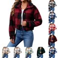 thumbnail image 1 of Sentuca Womens Jackets Fuzzy Plaid Short Lapel Button Up Coat Fleece Outerwear Fall Winter Cozy Warm Plush Coat Wine L, 1 of 8