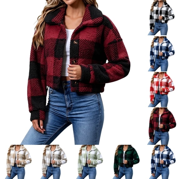Sentuca Womens Jackets Fuzzy Plaid Short Lapel Button Up Coat Fleece Outerwear Fall Winter Cozy Warm Plush Coat Wine L