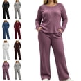 thumbnail image 1 of Sentuca Womens Lounge Set Ribbed Knit Crew Neck Long Sleeve Top Wide Leg Pants with Pockets Fall Casual Comfort Lightweight 2 Piece Outfits Hot Pink L, 1 of 8