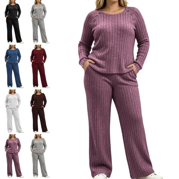 Sentuca Womens Lounge Set Ribbed Knit Crew Neck Long Sleeve Top Wide Leg Pants with Pockets Fall Casual Comfort Lightweight 2 Piece Outfits Hot Pink L