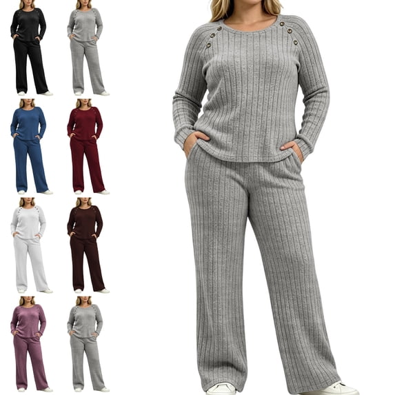 Sentuca Womens Lounge Set Ribbed Knit Crew Neck Long Sleeve Top Wide Leg Pants with Pockets Fall Casual Comfort Lightweight 2 Piece Outfits Gray M