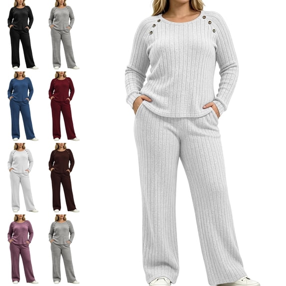 Sentuca Womens Lounge Set Ribbed Knit Crew Neck Long Sleeve Top Wide Leg Pants with Pockets Fall Casual Comfort Lightweight 2 Piece Outfits White XL