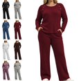thumbnail image 1 of Sentuca Womens Lounge Set Ribbed Knit Crew Neck Long Sleeve Top Wide Leg Pants with Pockets Fall Casual Comfort Lightweight 2 Piece Outfits Wine XL, 1 of 8