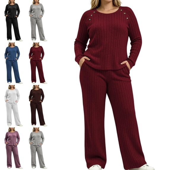 Sentuca Womens Lounge Set Ribbed Knit Crew Neck Long Sleeve Top Wide Leg Pants with Pockets Fall Casual Comfort Lightweight 2 Piece Outfits Wine XL