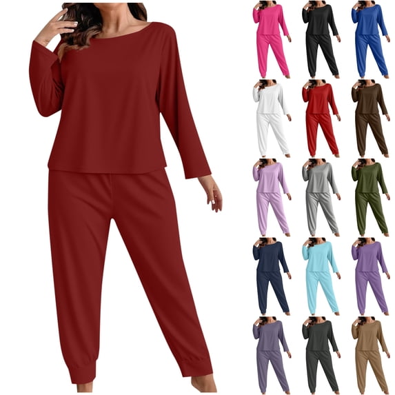 Sentuca Womens Pajama Sets Plus Size Long Sleeve Sleepwear Tops and Pants Solid Color Casual Lounge Suit Sets, Wine 2XL