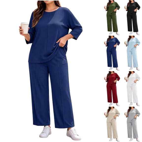 Sentuca Womens Plus Size Lounge Sets 3/4 Sleeve Tops And Drawstring Waist Pants Fall Fashion Travel Vacation 2 Piece Track Suits L