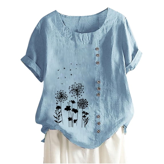 Sentuca Womens Print Short Sleeve Tops Round Neck Oversized Casual Shirts Light Blue S
