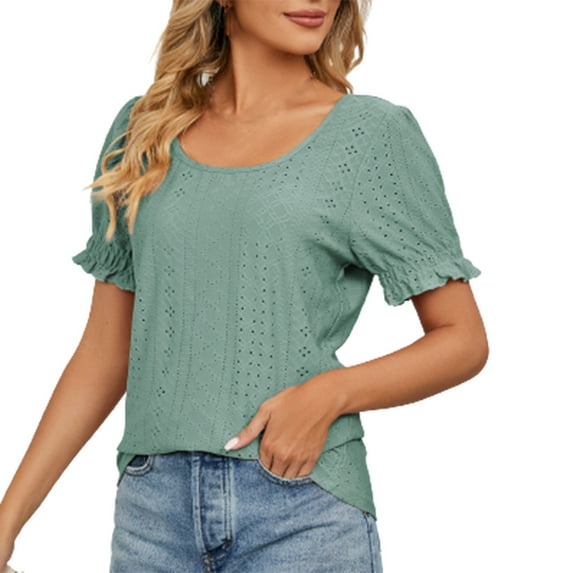 Sentuca Womens Solid Color Tops Round- Neck Short Sleeve Shirts Hawaiian Shirt Green S