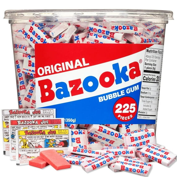 Bazooka Bubble Gum Bulk, ESF27 225 Count Tub of Chewing Gum Individually Wrapped, Old Fashioned 90's Candy for Baseball, Party Favors, Goodie Bags