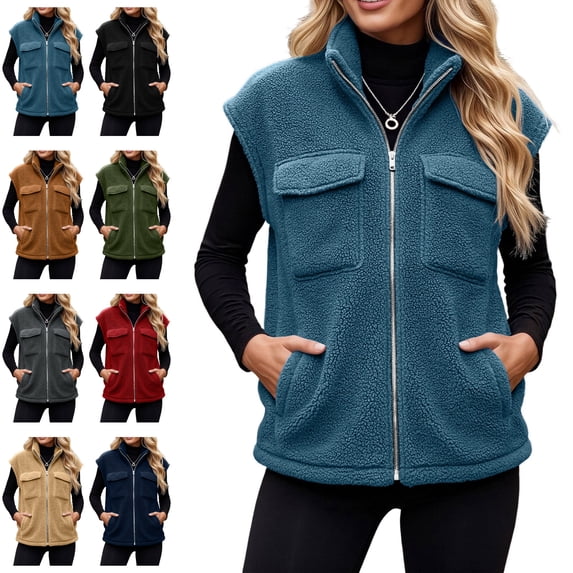 Sentuca Womens Vest Stand Collar Full Zip Plush Fleece Coat with Pockets Sleeveless Warm Cozy Soft Wear Jackets, Blue XXL