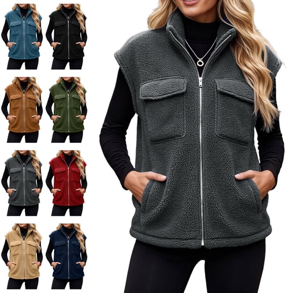Sentuca Womens Vest Stand Collar Full Zip Plush Fleece Coat with Pockets Sleeveless Warm Cozy Soft Wear Jackets, Gray 3XL