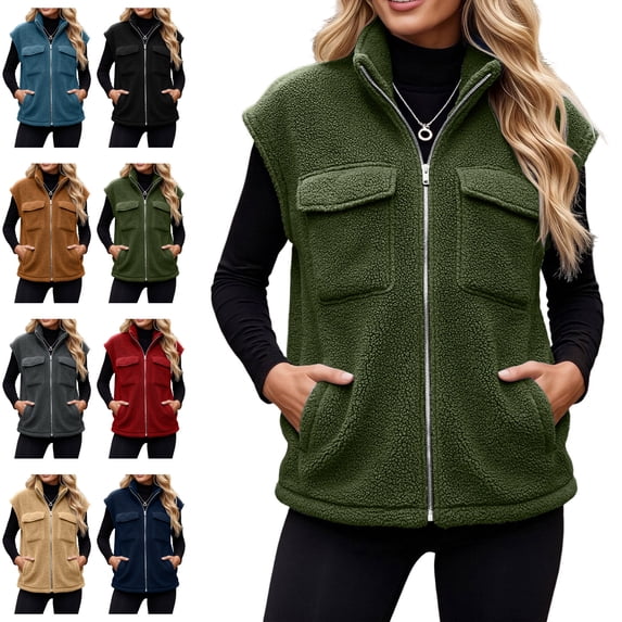 Sentuca Womens Vest Stand Collar Full Zip Plush Fleece Coat with Pockets Sleeveless Warm Cozy Soft Wear Jackets, Green XL