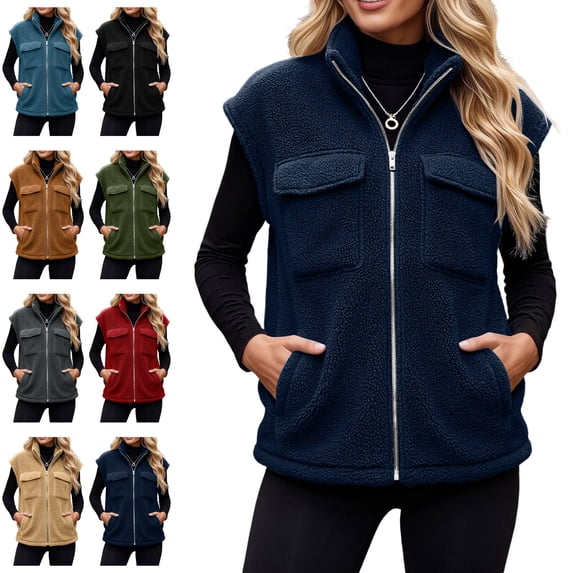 Sentuca Womens Vest Stand Collar Full Zip Plush Fleece Coat with Pockets Sleeveless Warm Cozy Soft Wear Jackets, Navy L