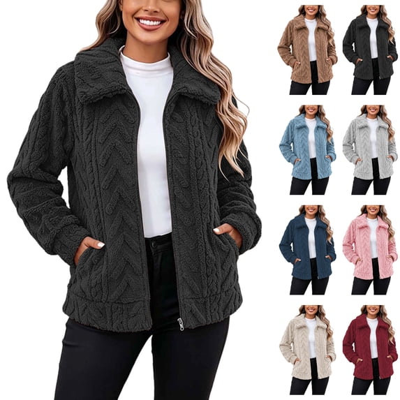 Sentuca Womens Winter Coats Plush Fleece Full Zip Stand Neck Jacket Warm Sherpa Cable Solid Color Outerwear Coat with Pockets 3XL