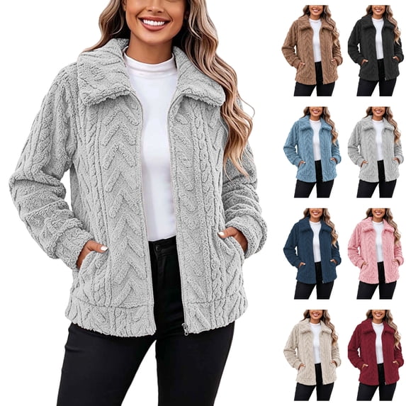 Sentuca Womens Winter Coats Plush Fleece Full Zip Stand Neck Jacket Warm Sherpa Cable Solid Color Outerwear Coat with Pockets L