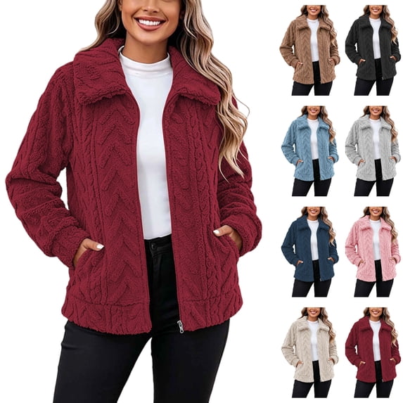 Sentuca Womens Winter Coats Plush Fleece Full Zip Stand Neck Jacket Warm Sherpa Cable Solid Color Outerwear Coat with Pockets M