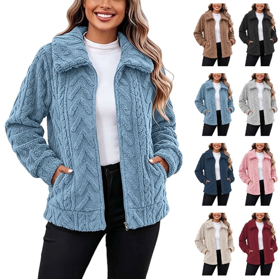 Sentuca Womens Winter Coats Plush Fleece Full Zip Stand Neck Jacket Warm Sherpa Cable Solid Color Outerwear Coat with Pockets XXL