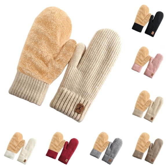 Sentuca Womens Winter Gloves Fleece-Lined Warm Knitted Gloves Thickened Comfortable Soft Mittens Beige