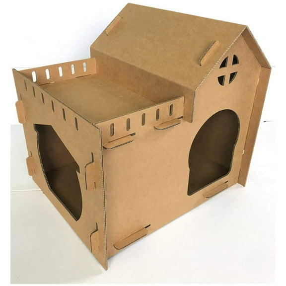 Seny Cat House 1-Story Eco-Friendly Cardboard Condo with Two Doors & Balcony, Brown