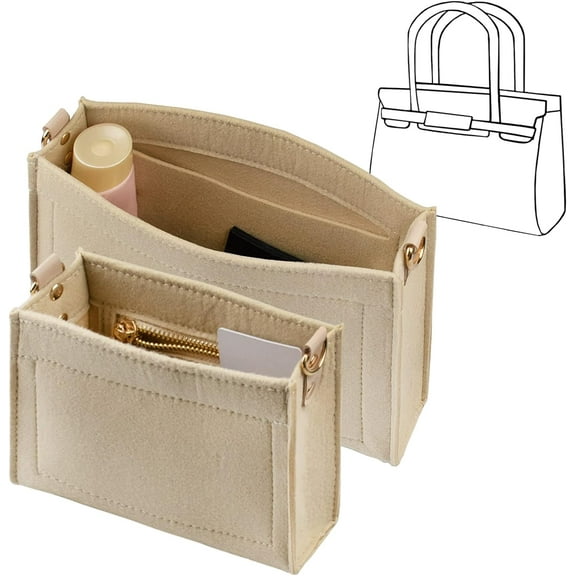 Senya 2Pcs Felt Purse Organizer Insert with Zipper, Premium Microfiber Handbag Shaper Tote Bag - Large&Small, Khaki