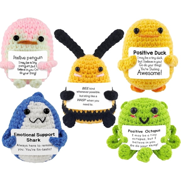 Senya 5PCS Positive Crochet Animals Funny Gifts,Emotional Support Shark Duck Knitted Doll with Positive Card