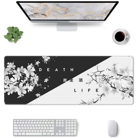 Senya Black and White Cherry Blossom Gaming Mouse Pad,Large Mouse Mat Desk Pad, Stitched Edges Mousepad, 31.5 x 11.8 Inch
