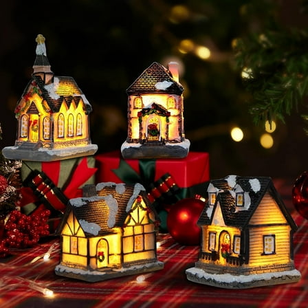 Senya Christmas Village Sets LED Lighted Christmas Village Houses with Figurines, Christmas Village Collection (4 Pack)
