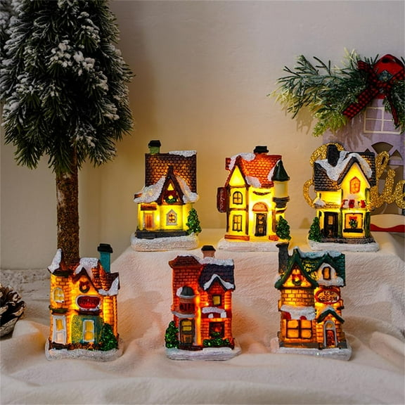 Senya Christmas Village Sets LED Lighted Christmas Village Houses with Figurines, Christmas Village Collection (4 Pack)