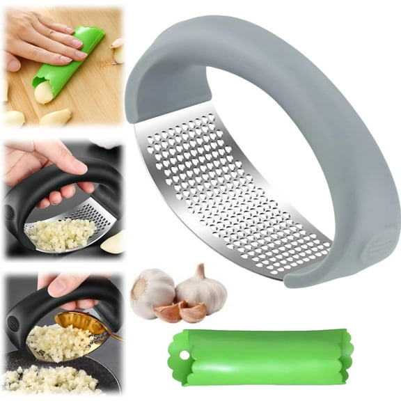 Senya Garlic Press Rocker, 2024 Upgraded Stainless Steel Garlic Press Rocker Crusher Masher with Garlic Peeling Drum (3, Black Set)