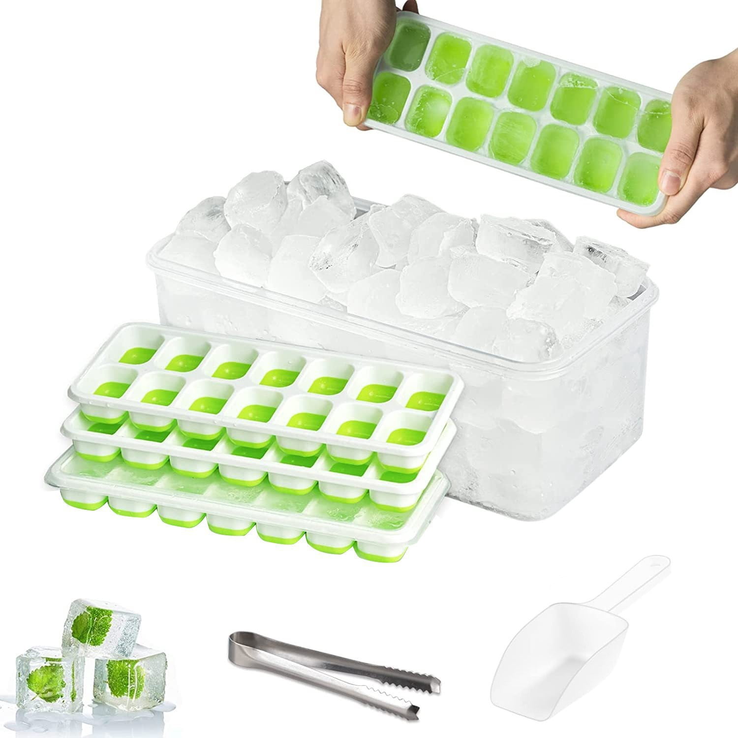 Senya Ice Cube Tray with Lid and Bin, 4 Pack Stackable Ice Tray with Storage Ice Bucket Kits, Ice Scoop