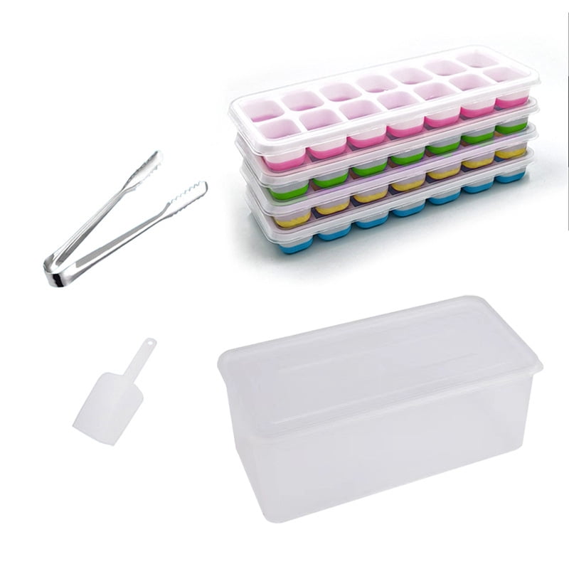 Senya Ice Cube Tray with Lid and Bin, 4 Pack Stackable Ice Tray with Storage Ice Bucket Kits, Ice Scoop