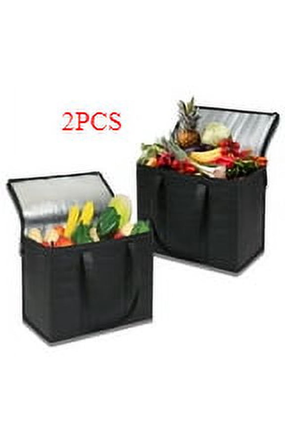 Insulated Reusable Shopping Bags with Sturdy Zipper, Foldable Heavy Duty Cooler Totes for Hot or Cold Food Delivery, Groceries, Travel, Shopping (Black, 2)