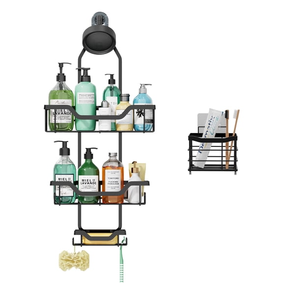 Senya Shower Caddy Hanging - Never Rust Shower Organizer - Aluminum over The shower head caddy with 6 Hooks for Razor/Sponge - Shower Rack with Soap Basket - Black