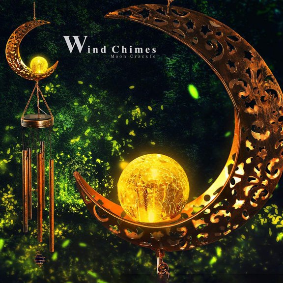 Senya Solar Wind Chimes for Outside Hanging, Retro Metal Moon Wind Chime with Cracked Glass Ball, Unique Hanging Moon Wind Chime Tubes for Outdoor Garden Yard Patio Lawn Christmas Decorations