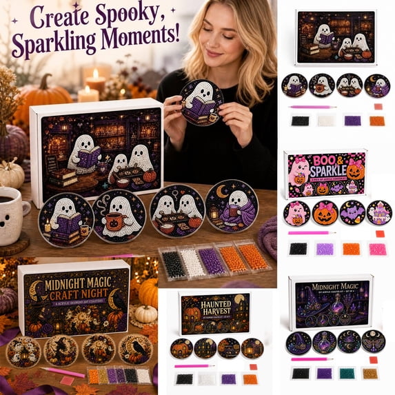 Seo Title: Halloween Diamond Art Coasters Kit with Ghost Design, Spooky Diy Craft Night Project for Adults, 4 Round Acrylic Coasters with Storage Box Gift Set