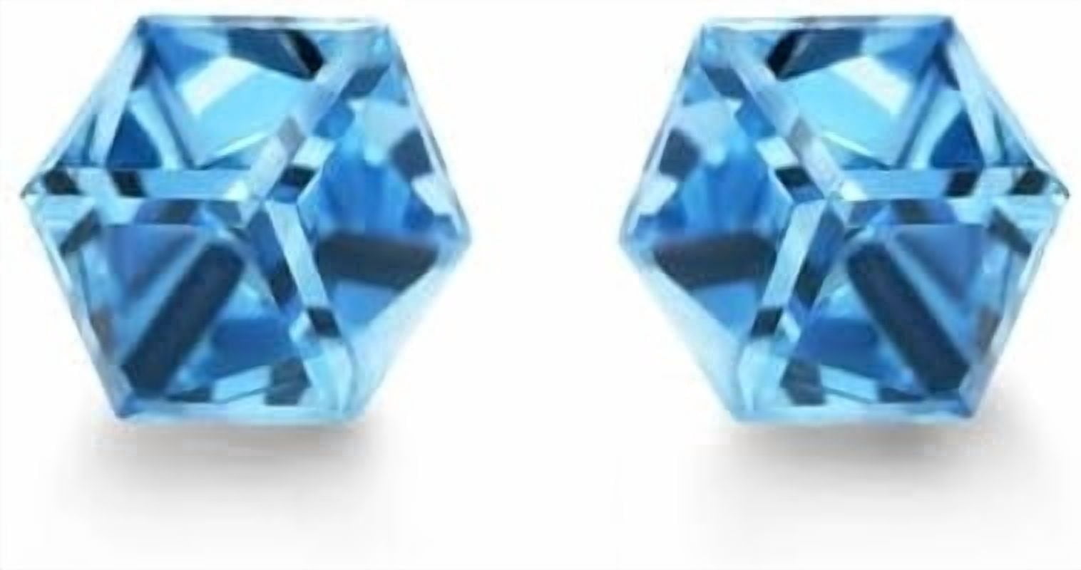 Seona Irene 4mm Cubic Cut Austrian Crystal Stud Earrings, Hypoallergenic Tarnish-Free Stainless Steel Jewelry for Women, Radiant Everyday Accessory – Small | Aquamarine