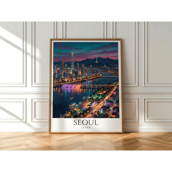 Seoul Neon Skyline Han River Night Wall Art Korean City Lights Print Modern Asia Decor, Unframed Paper Print