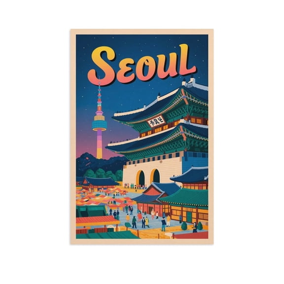 Seoul Retro Travel Poster Vintage Korean City Tourism with Palaces & Skyline Canvas Poster