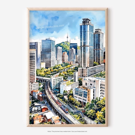 Seoul Skyline Watercolor Wall Art Print For South Korean City Decor