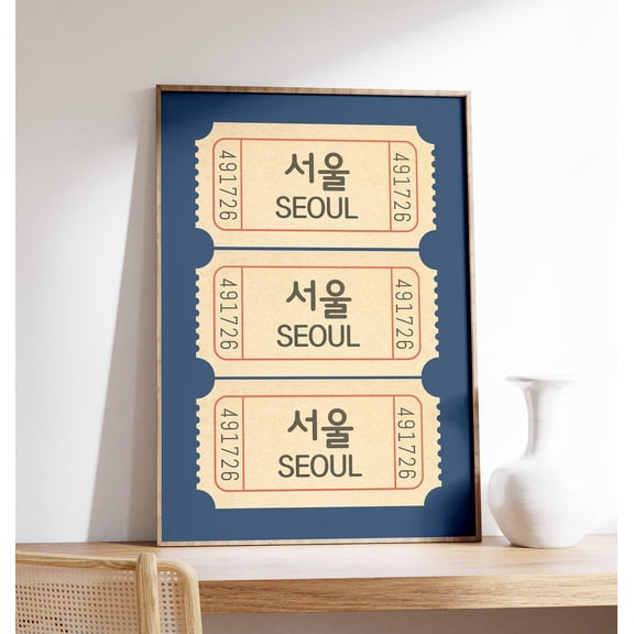 Seoul Ticket Print Blue Background Korean Wall Art Travel South Korea Asia Decor Unframed Paper Poster 8x10in