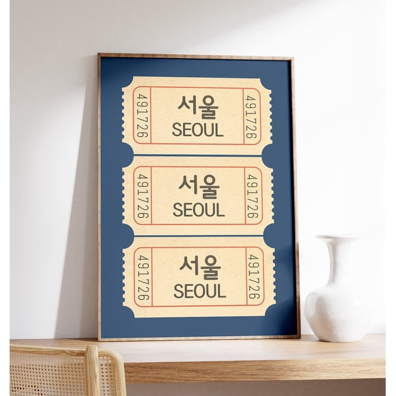 Seoul Ticket Print (Blue Background), Korean Wall Art, Travel-Inspired Art, South Korea, Asia Home Decor, Retro Poster, Wall Art, Modern Wall Decor, 8x12 UNFRAMED