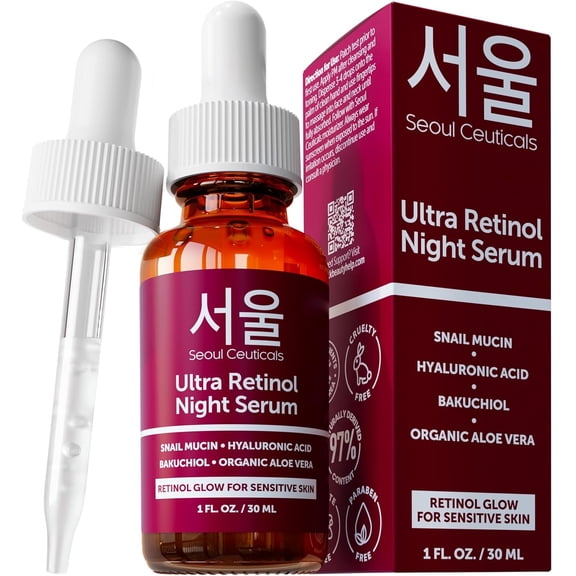 SeoulCeuticals 1% Korean Retinol Night Serum for Face - 97.5% Snail Mucin + Hyaluronic Acid + Bakuchiol, Cruelty Free K Beauty for Sensitive Skin 1oz