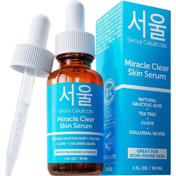SeoulCeuticals Miracle Clear Face Serum, Korean Skincare Acne Facial Serum, 1 fl oz