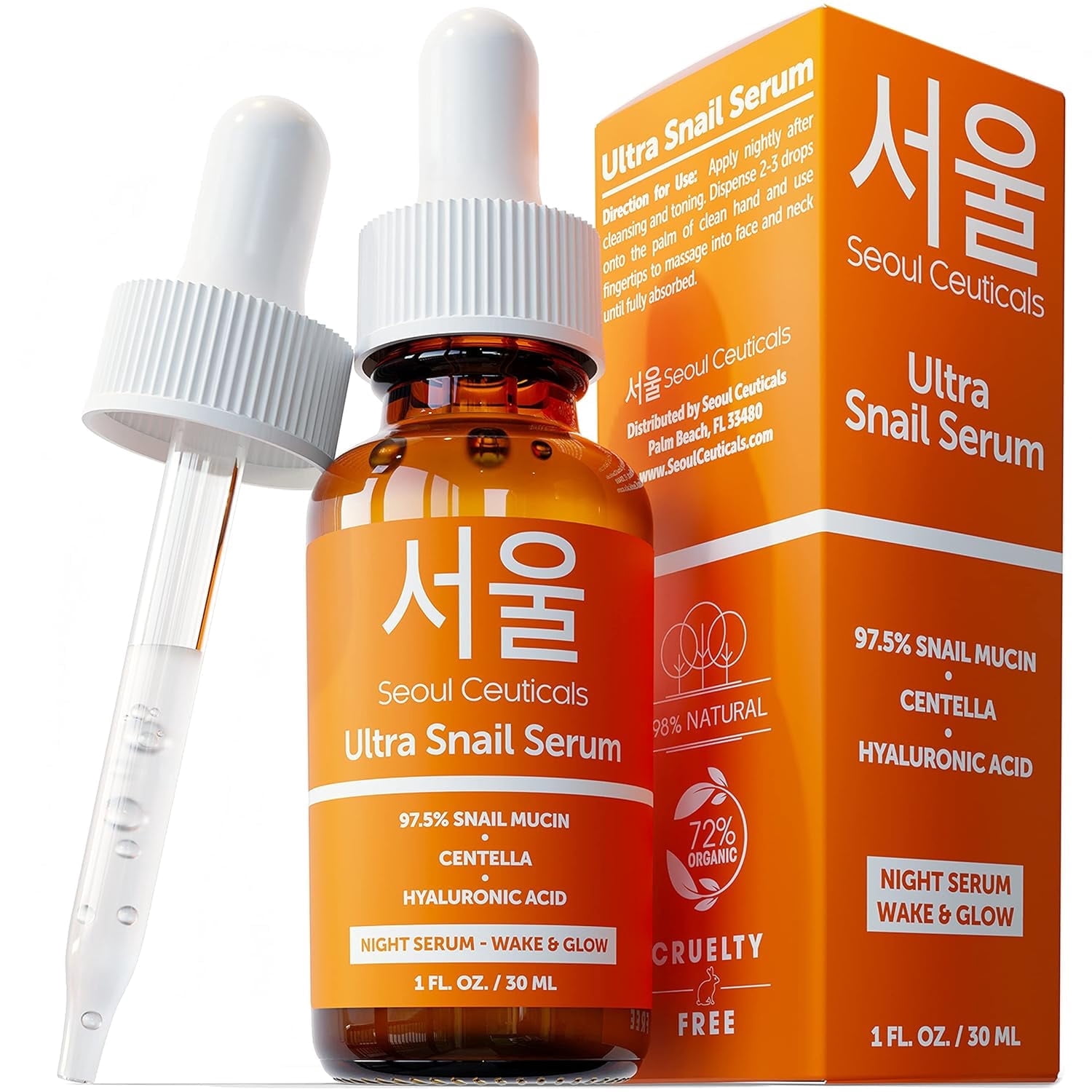 SeoulCeuticals Korean Skin Care 97.5% Snail Mucin Serum – K Beauty Skincare Anti Wrinkle Cica Night Serum Hyaluronic Acid for Face 1oz