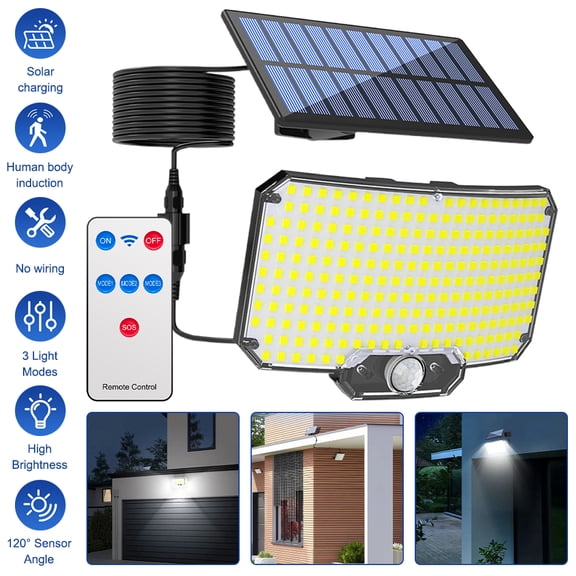 Separated Split Solar Panel Motion Sensor Solar Outdoor Light with Remote Control, 120 Wide Angle PIR Sensor Waterproof LED Security Flood Light, 3 Modes Dusk to Dawn Wall Light for Outdoor Lighting