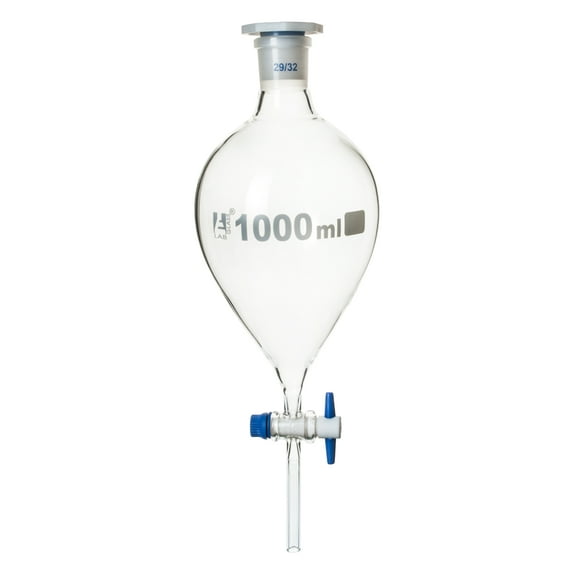 Separating Funnel, Squibb - 1000ml, PTFE Stopcock, Interchangeable Plastic Stopper - Socket Size 29/32 - Borosilicate Glass - Eisco Labs