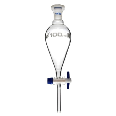 Separating Funnel, Squibb - 100ml, PTFE Stopcock, Interchangeable Plastic Stopper - Socket Size 19/26 - Borosilicate Glass - Eisco Labs